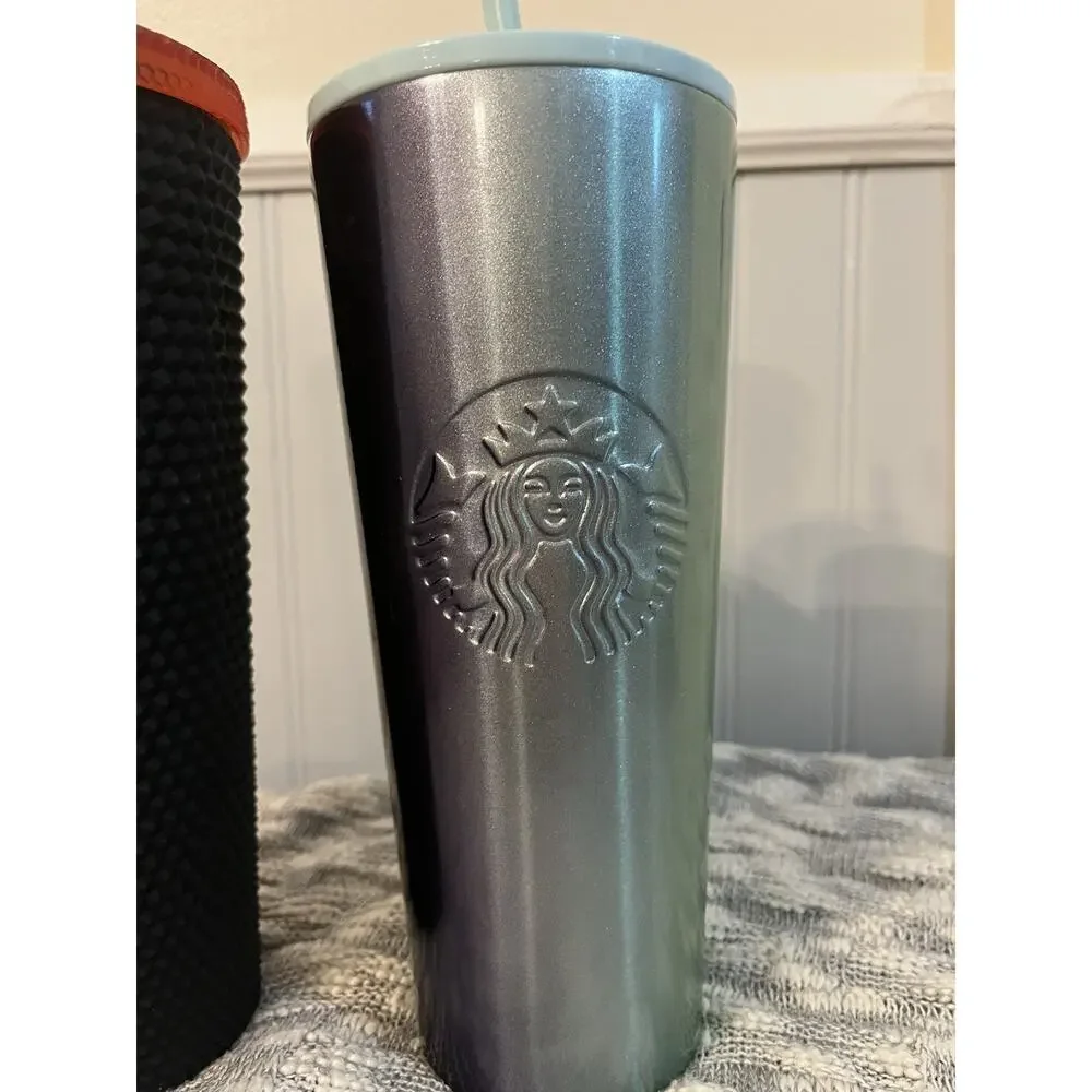 Starbucks Tumbler Venti 24 oz Bundle Studded Matte Black & Purple/Teal Stainless